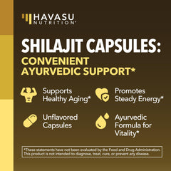 HAVASU NUTRITION Shilajit capsules label ingredients — transparent minerals included.