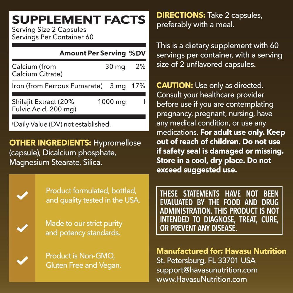 HAVASU NUTRITION Shilajit capsules pour — convenient intake after meals.