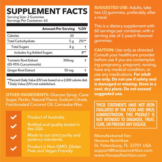 HAVASU NUTRITION turmeric gummies closeup showing ginger and peach flavor.