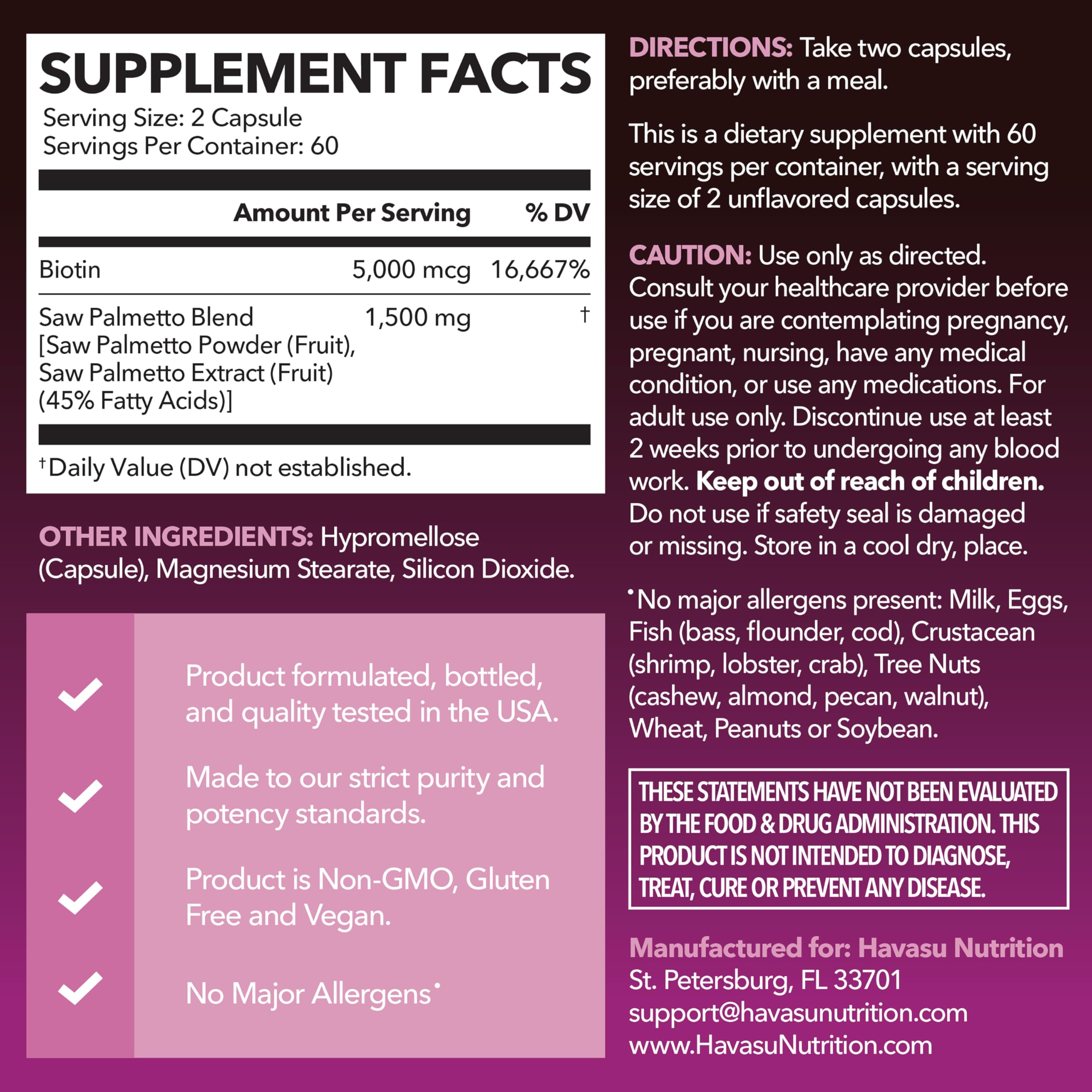 HAVASU NUTRITION vegan capsules arranged to show biotin for skin and nails.