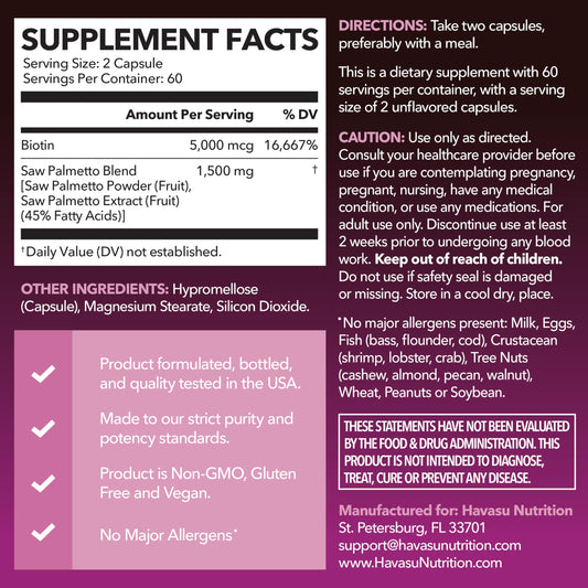 HAVASU NUTRITION vegan capsules arranged to show biotin for skin and nails.