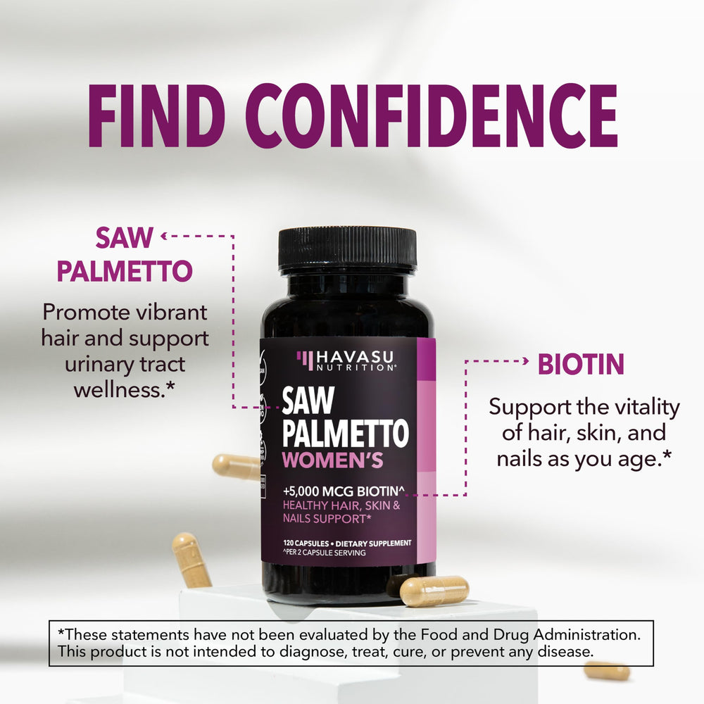HAVASU NUTRITION woman with healthy hair beside bottle.