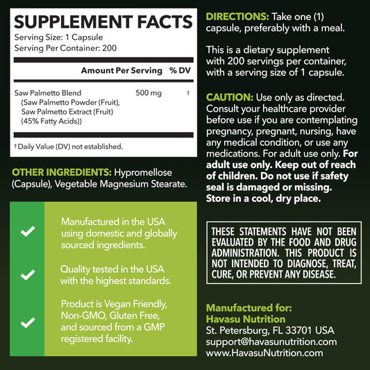 HAVASU Saw Palmetto capsules close-up showing vegan, non-GMO formula.