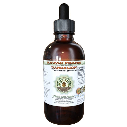 Hawaii Pharm Dandelion liquid extract bottle shows alcohol-free glycerite for daily use