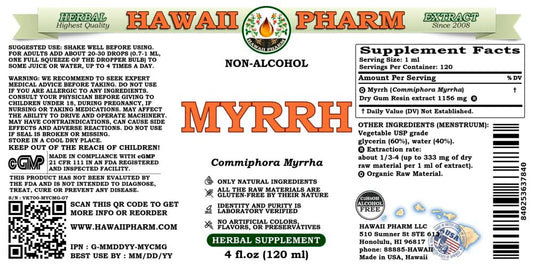 Hawaii Pharm Myrrh bottle label highlights organic, alcohol-free glycerite ingredients