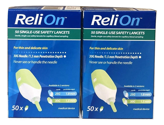 Haylos ReliOn safety lancets with 6-inch tote packaging for convenient on-the-go testing.