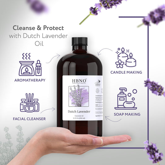 HBNO Lavender Dutch Oil glass bottle close-up highlights premium packaging protecting from light.
