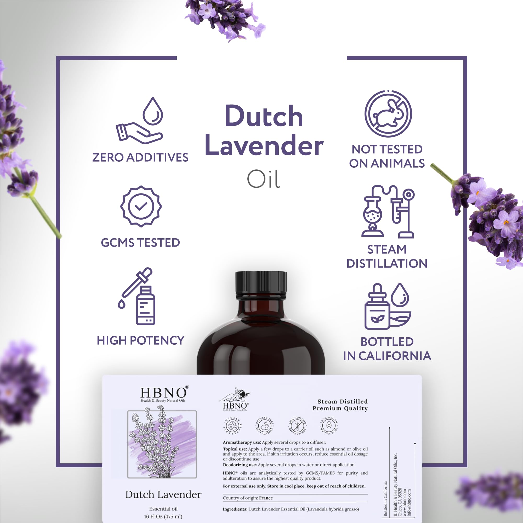 HBNO Lavender Dutch Oil with lavender blooms evokes a fresh, floral aroma for blends.