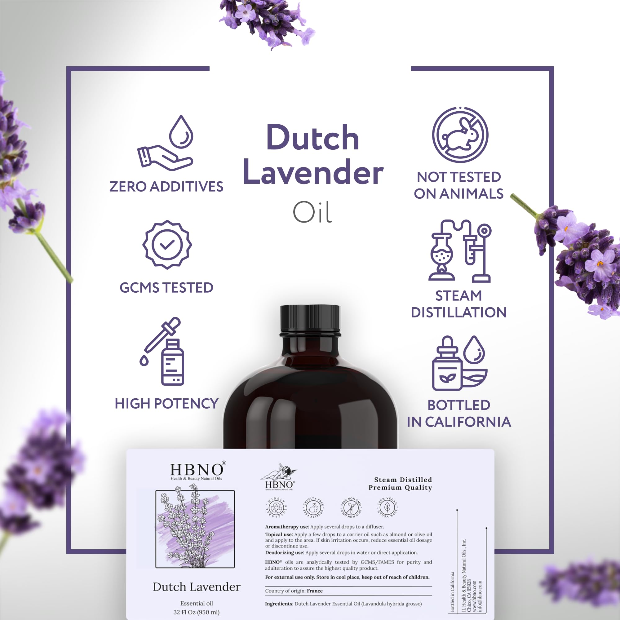 HBNO Lavender Dutch Oil packaging in USA facility emphasizes local production.