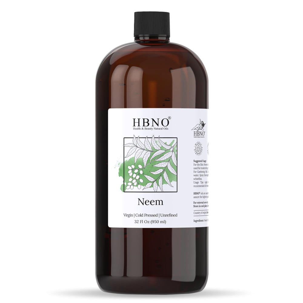 HBNO Neem Oil 32 oz bottle front showing premium packaging for skincare use