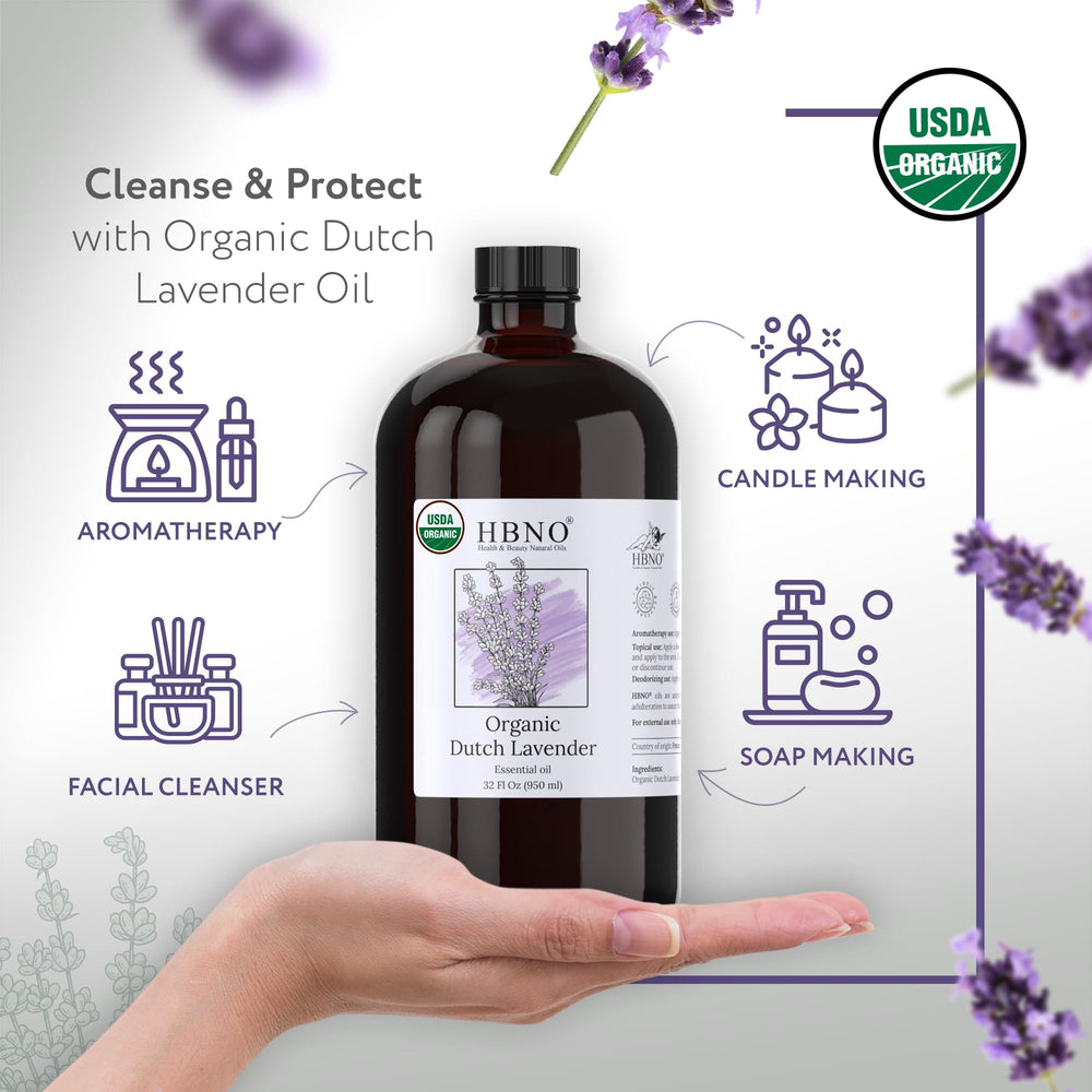 HBNO Lavender Dutch Oil glass bottle close-up on label highlighting organic purity.