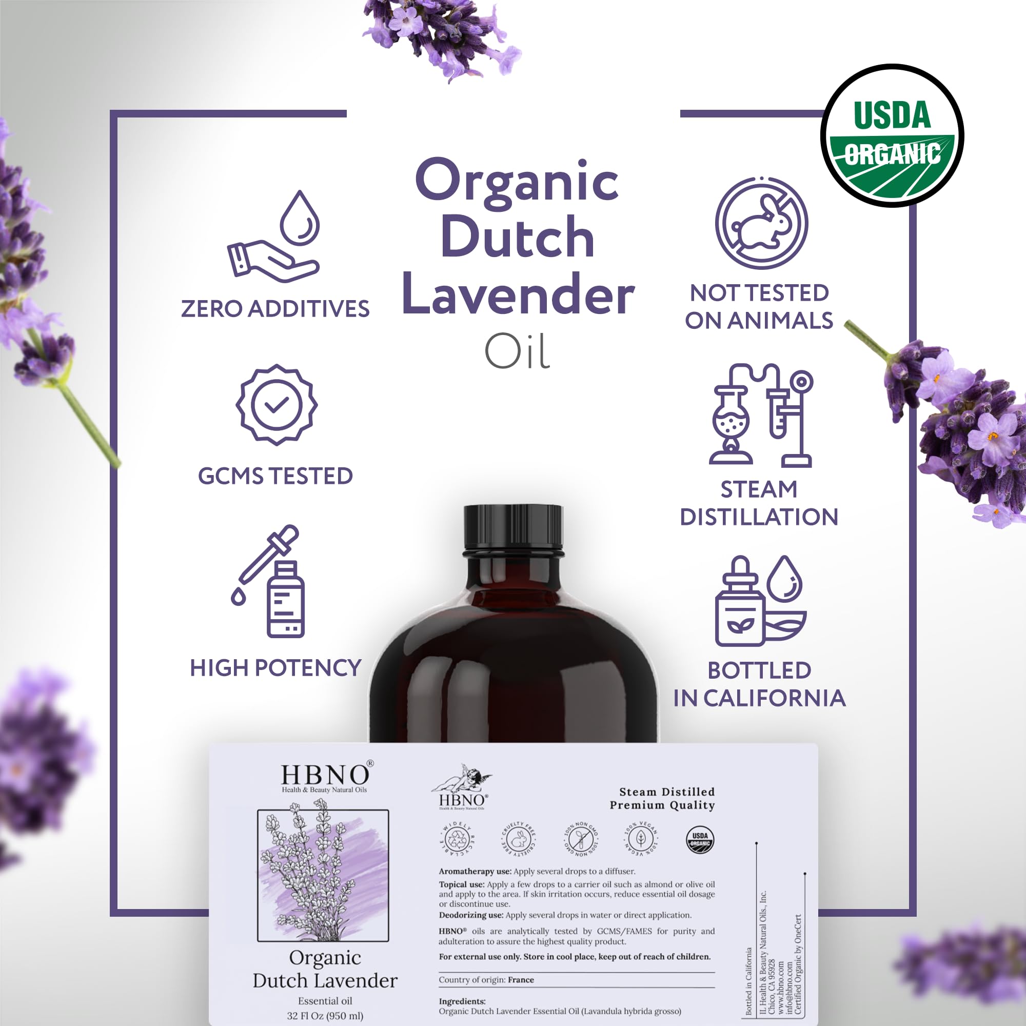 HBNO Lavender Dutch Oil with lavender flowers in the background for natural aroma.