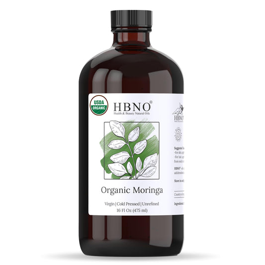 HBNO Organic Moringa Oil bottle 16oz in glass preserves freshness for DIY cosmetics
