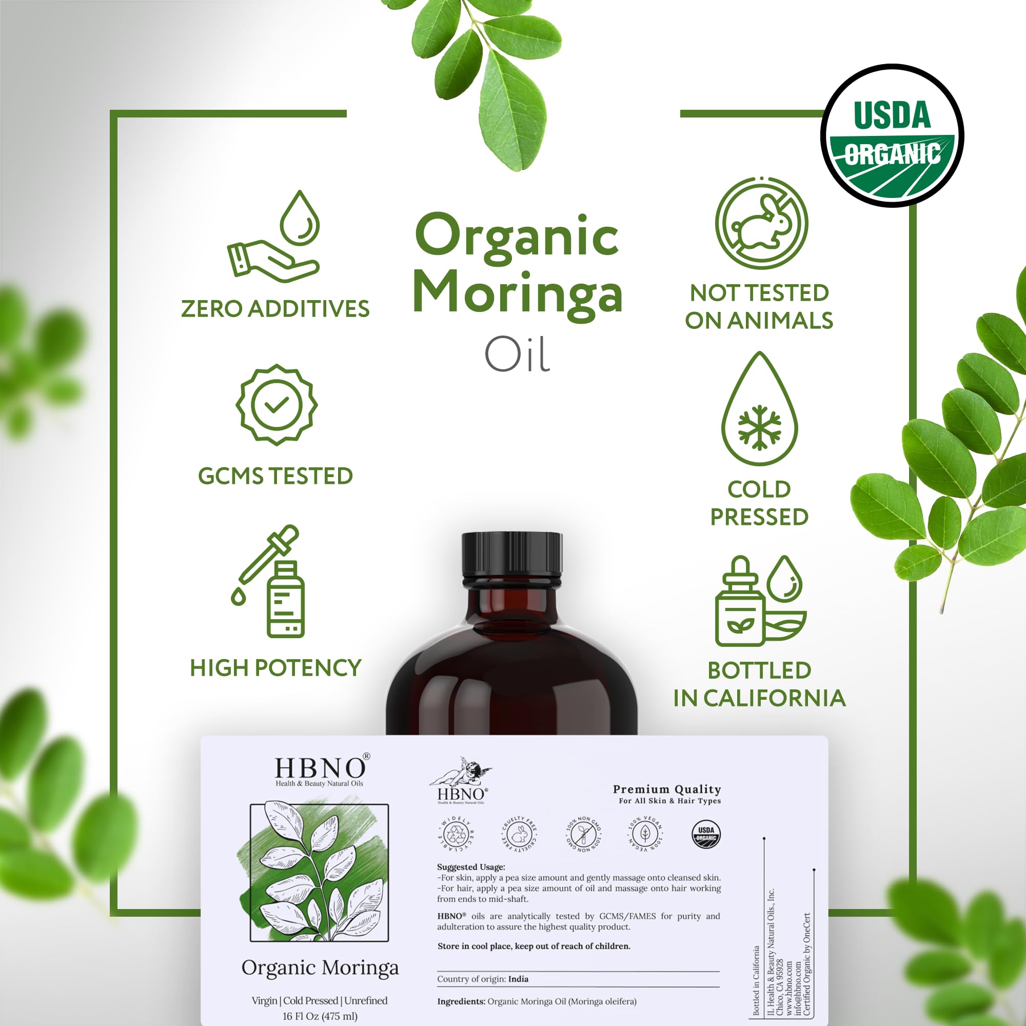 HBNO Moringa Oil in glass packaging protects from light exposure and preserves quality
