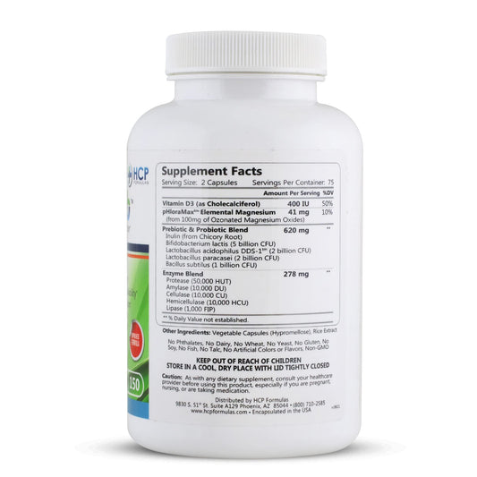 HCP Formulas Abzorb capsules closeup highlighting time-release digestive enzymes.