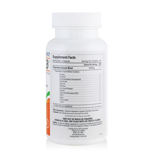 Fibrenza capsule closeup highlighting natural, non-GMO composition and gentle digestion support.