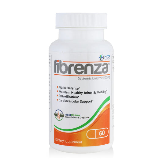 HCP Formulas Fibrenza capsules showing time-release design for steady enzyme delivery.