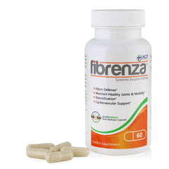 Fibrenza with fibrinolytic and proteolytic enzymes depicted to reinforce cardiovascular support.