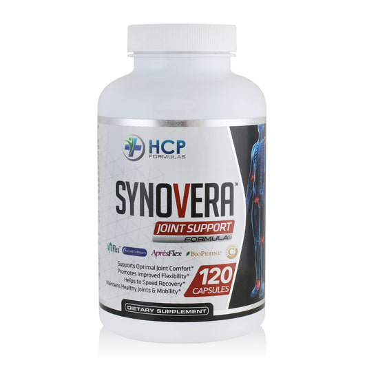 HCP Formulas Synovera bottle label highlighting joint support benefits and ingredients