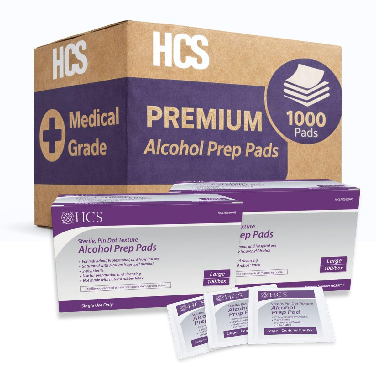HCS bulk large alcohol prep pads with textured surface for effective skin prep