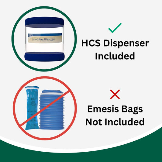 HCS dispenser shown with anchors and screws included for secure installation.