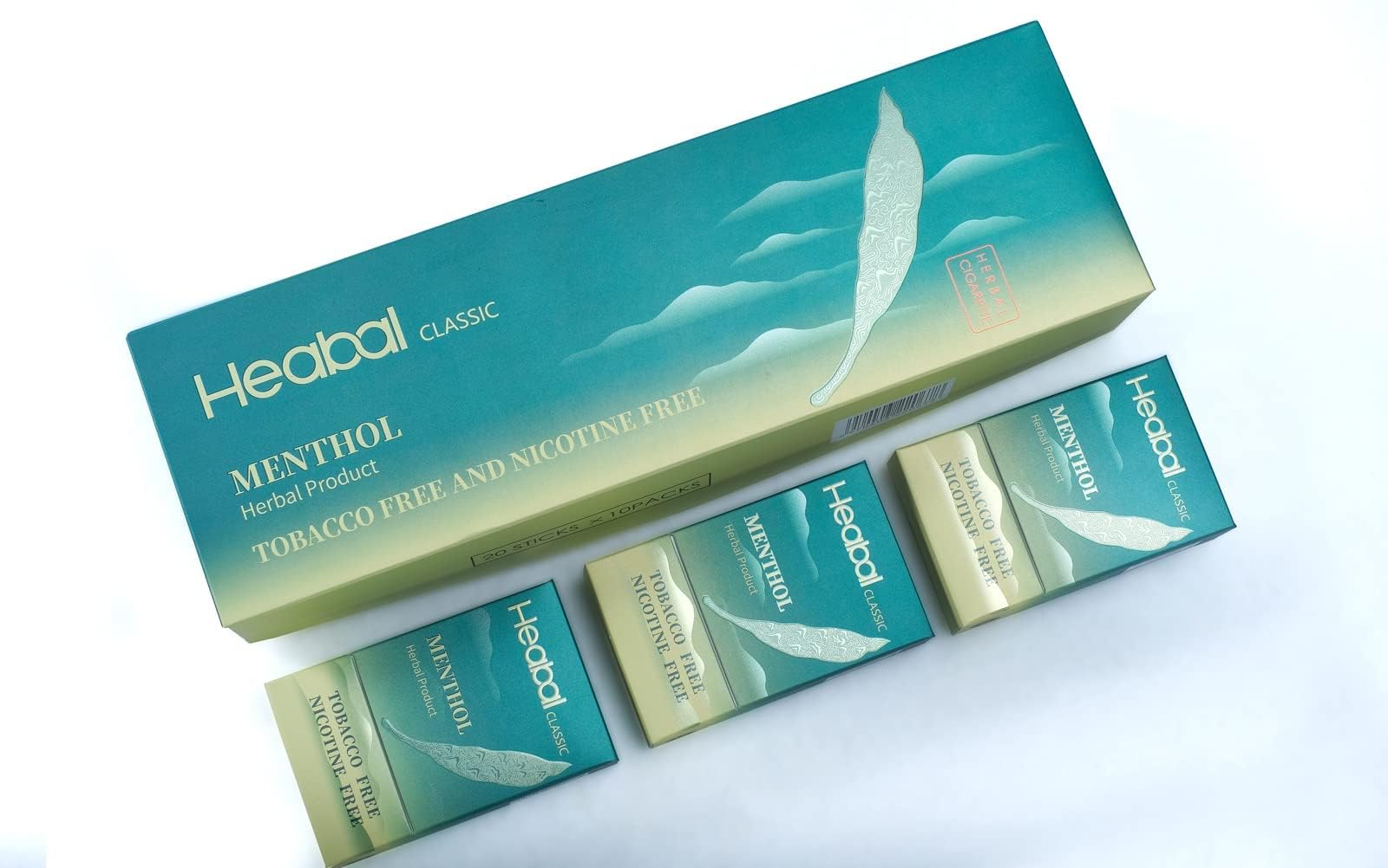 HEABAL herbal cigarettes carton image, tea-leaf blend for a tobacco-free experience.