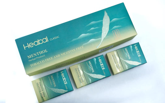 HEABAL herbal cigarettes carton image, tea-leaf blend for a tobacco-free experience.