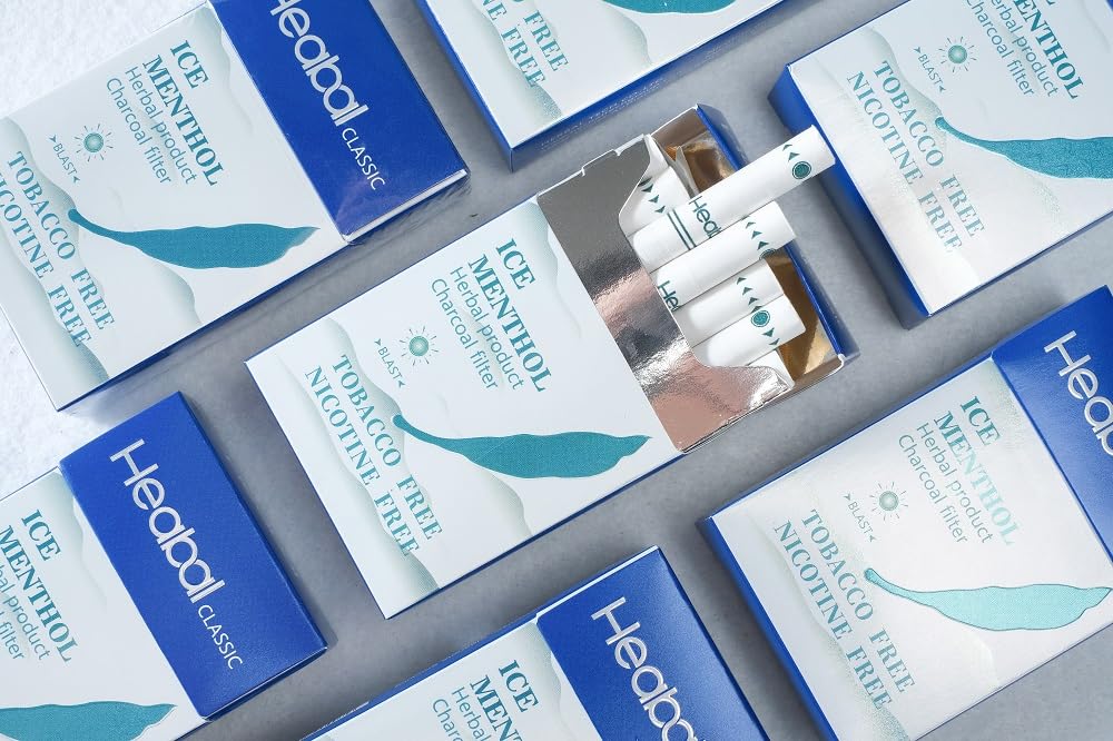HEABAL Ice Menthol herbal cigarettes close-up of leaf blend for aroma.