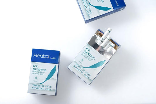 HEABAL Ice Menthol herbal cigarettes package back highlights nicotine-free experience.