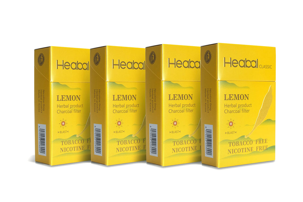 HEABAL Lemon herbal cigarette pack front view highlighting tobacco-free formula
