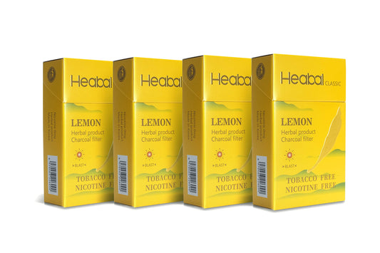 HEABAL Lemon herbal cigarette pack front view highlighting tobacco-free formula
