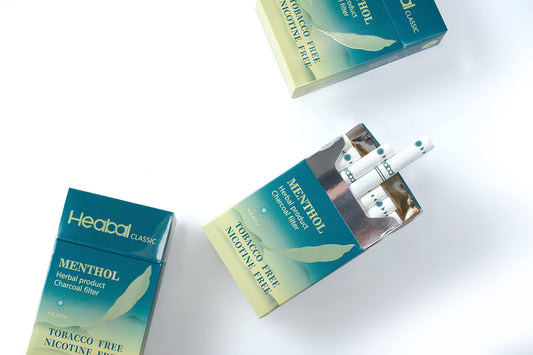 Heabal Menthol herbal cigarettes close-up highlights natural ingredients for a smooth ritual