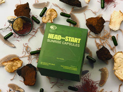 HEAD-START Sunrise packaging spread reveals adaptogen and nootropic blend.