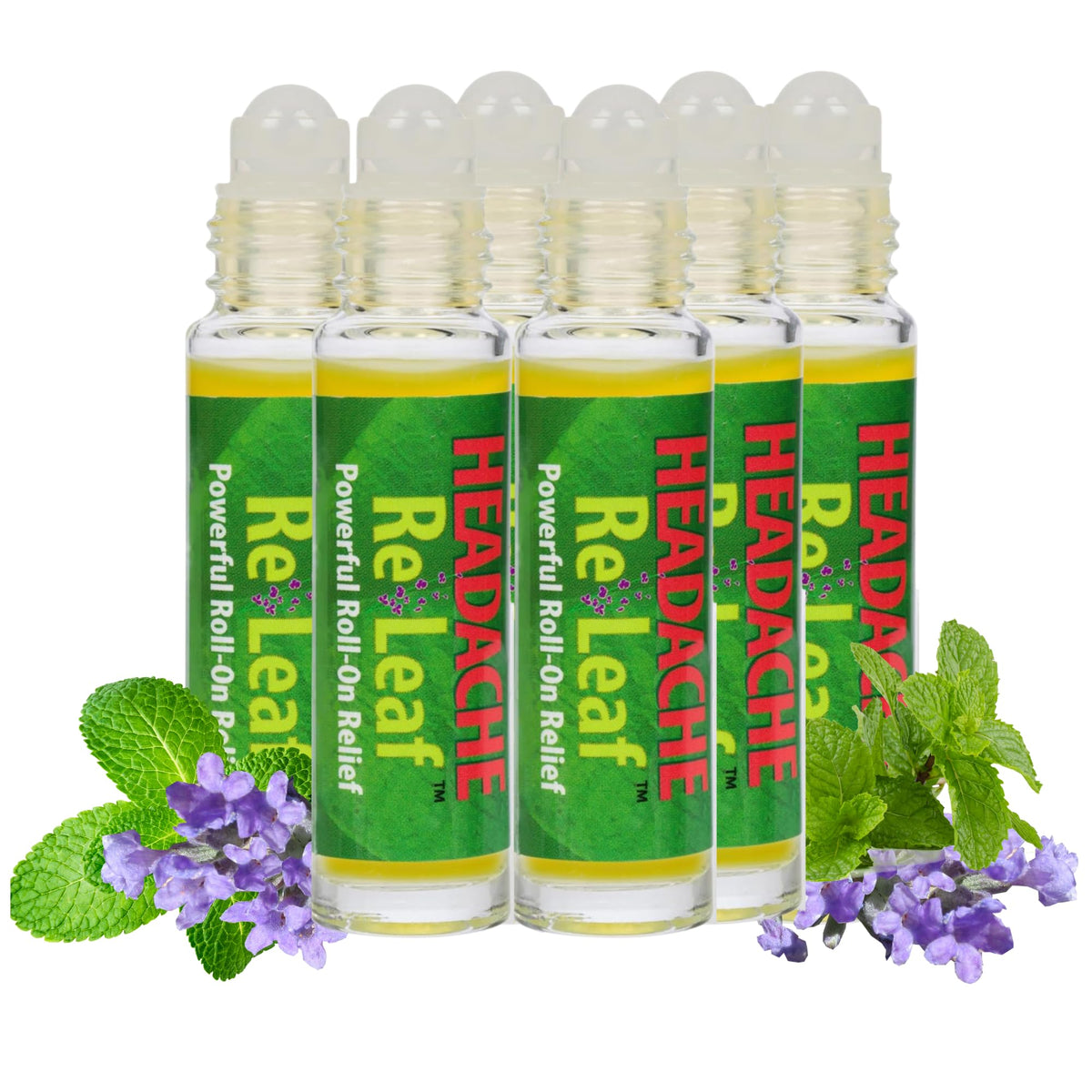 Headache Re Leaf roll-on on temples for soothing aromatherapy and relaxation.
