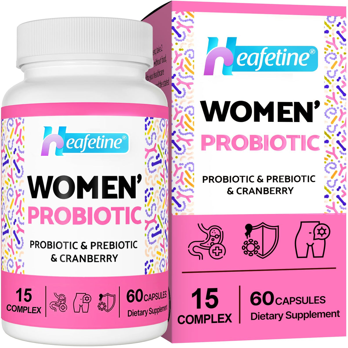 Heafetine Vaginal Probiotics bottle showing 300B CFU formula for vaginal and digestive balance