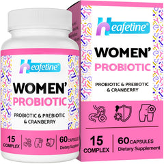 Heafetine Vaginal Probiotics bottle showing 300B CFU formula for vaginal and digestive balance