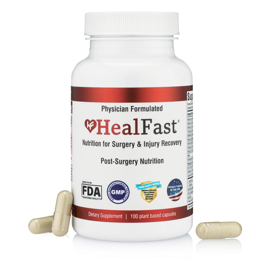 HealFast post-surgery recovery bottle shown for convenient daily dosing.