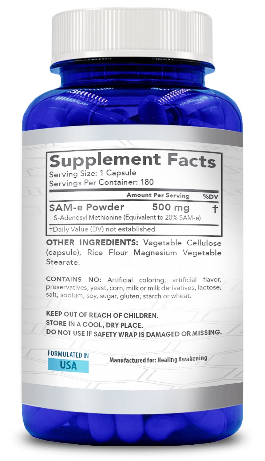 Healing Awakening SAM-e 500mg ingredients label underscores purity and US-made quality.