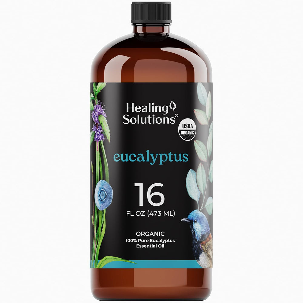 Healing Solutions eucalyptus oil bottle for diffusers with long-lasting aroma.