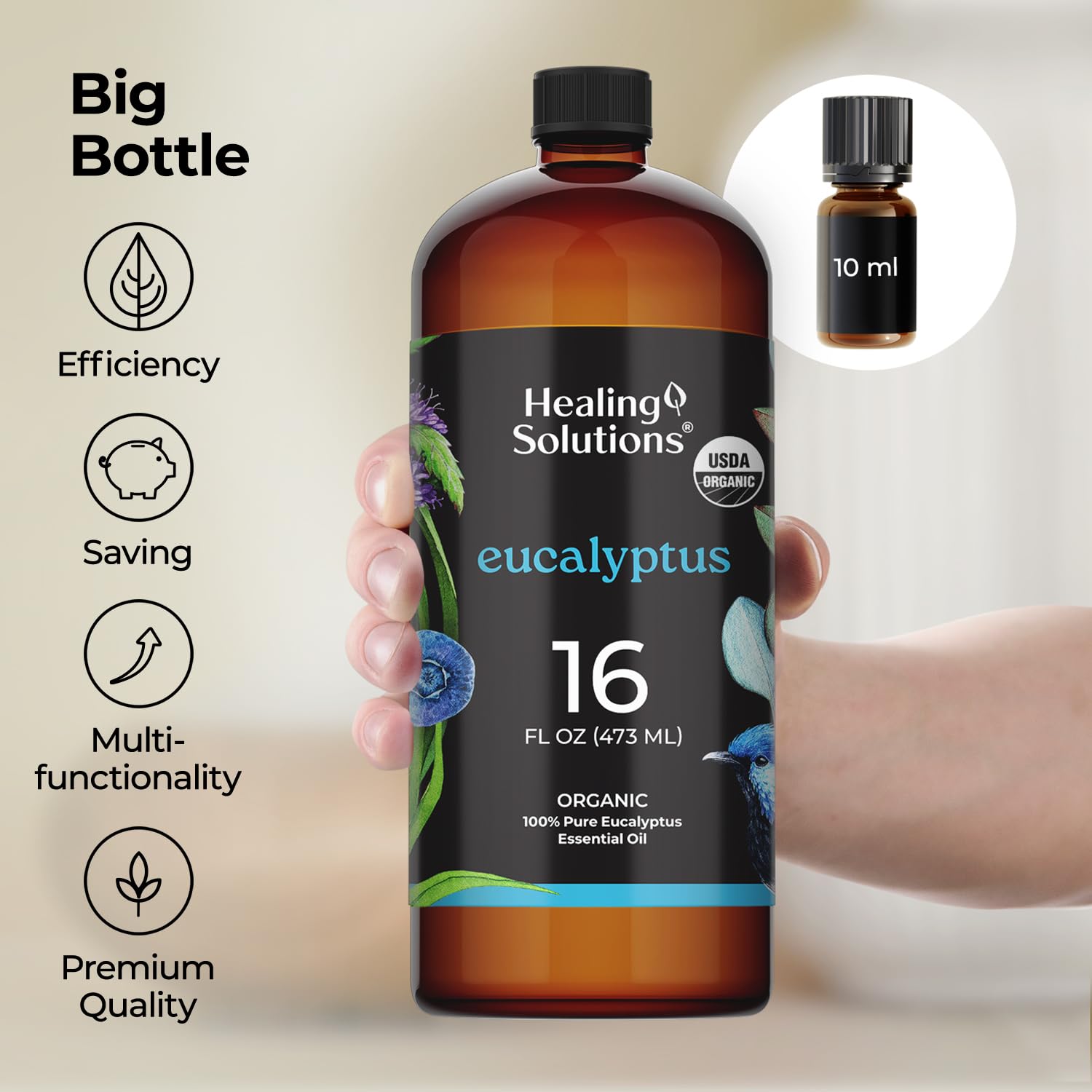 Healing Solutions vegan, cruelty-free eucalyptus oil packaged in the USA.