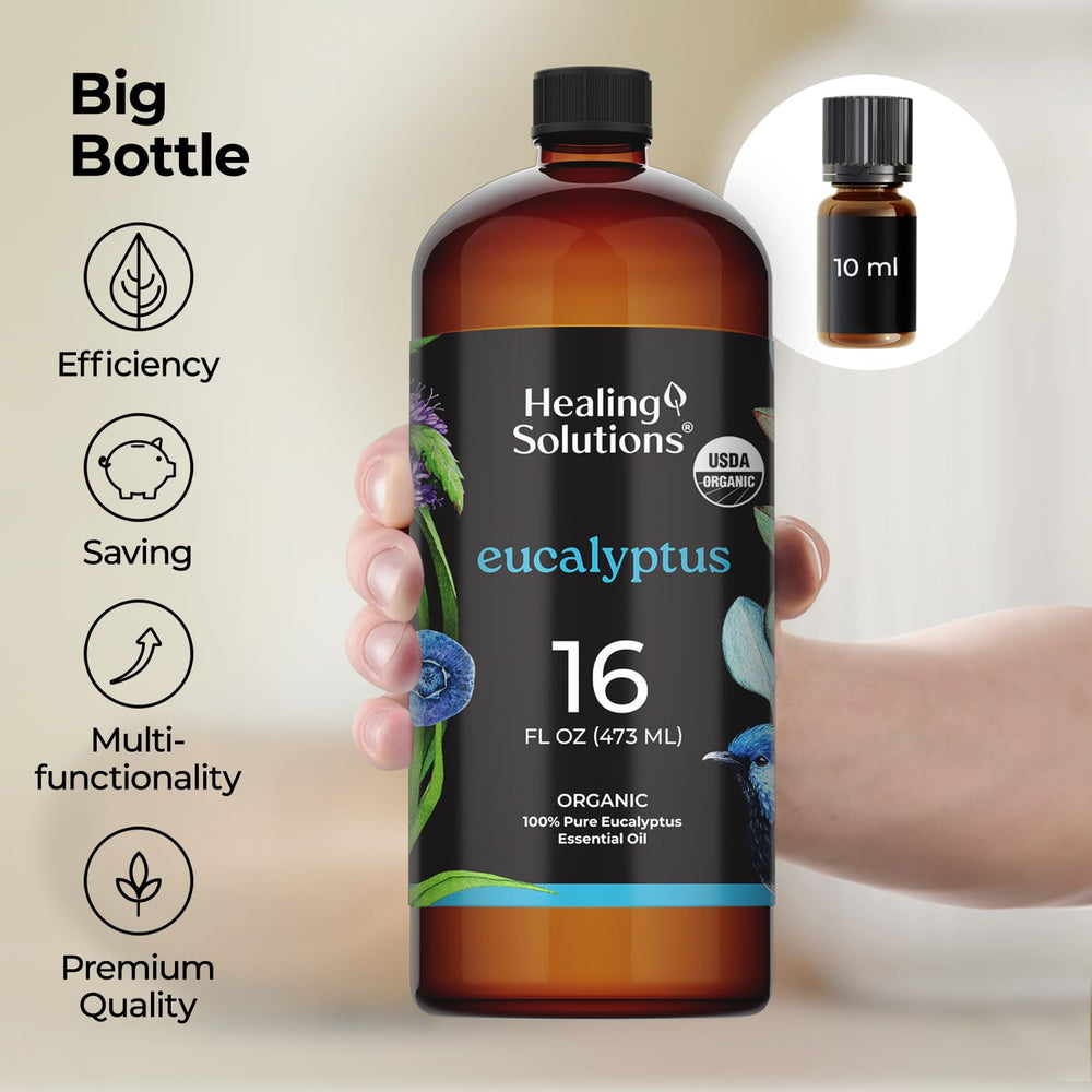 Healing Solutions vegan, cruelty-free eucalyptus oil packaged in the USA.