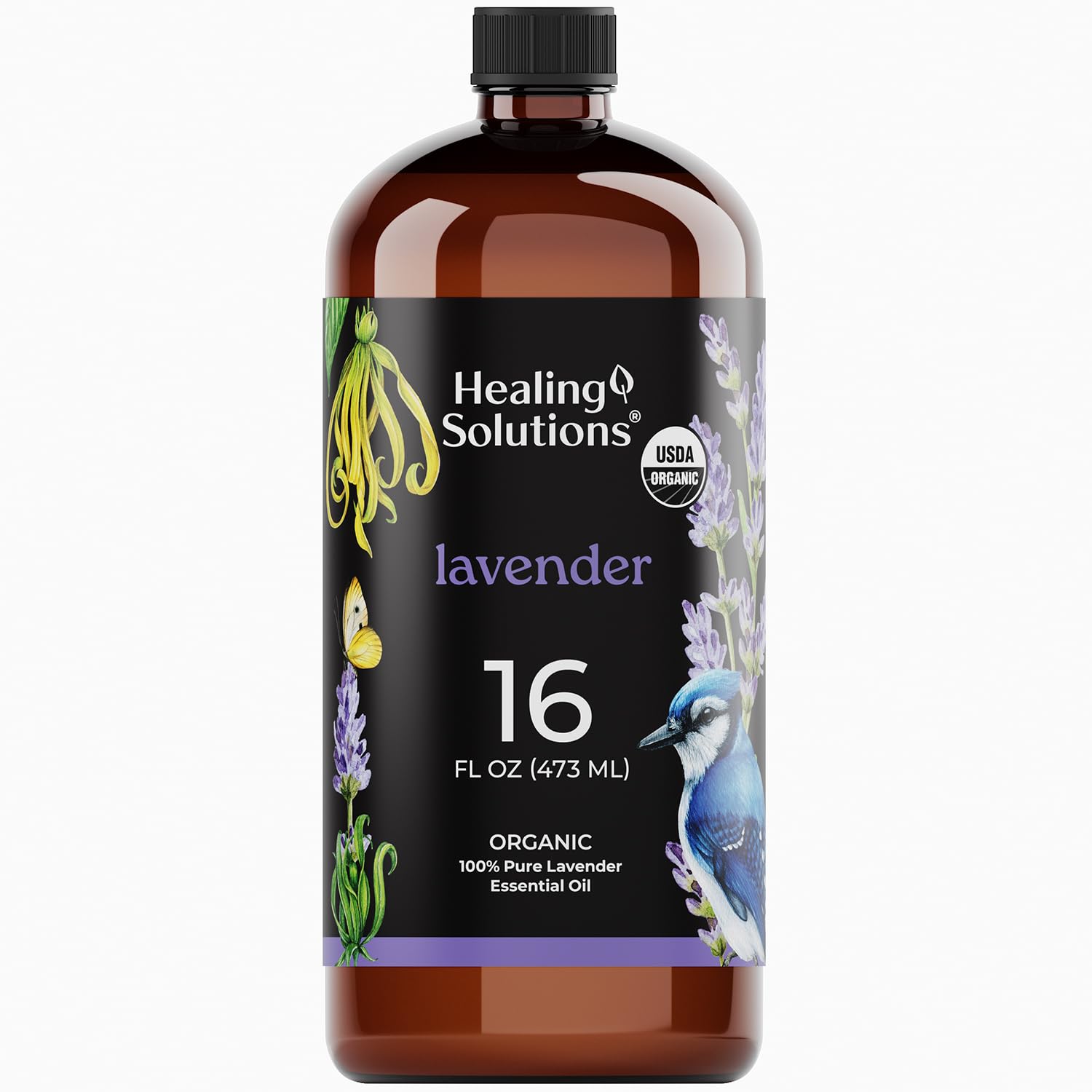 Healing Solutions lavender oil 16oz bottle for skin care and home fragrance.