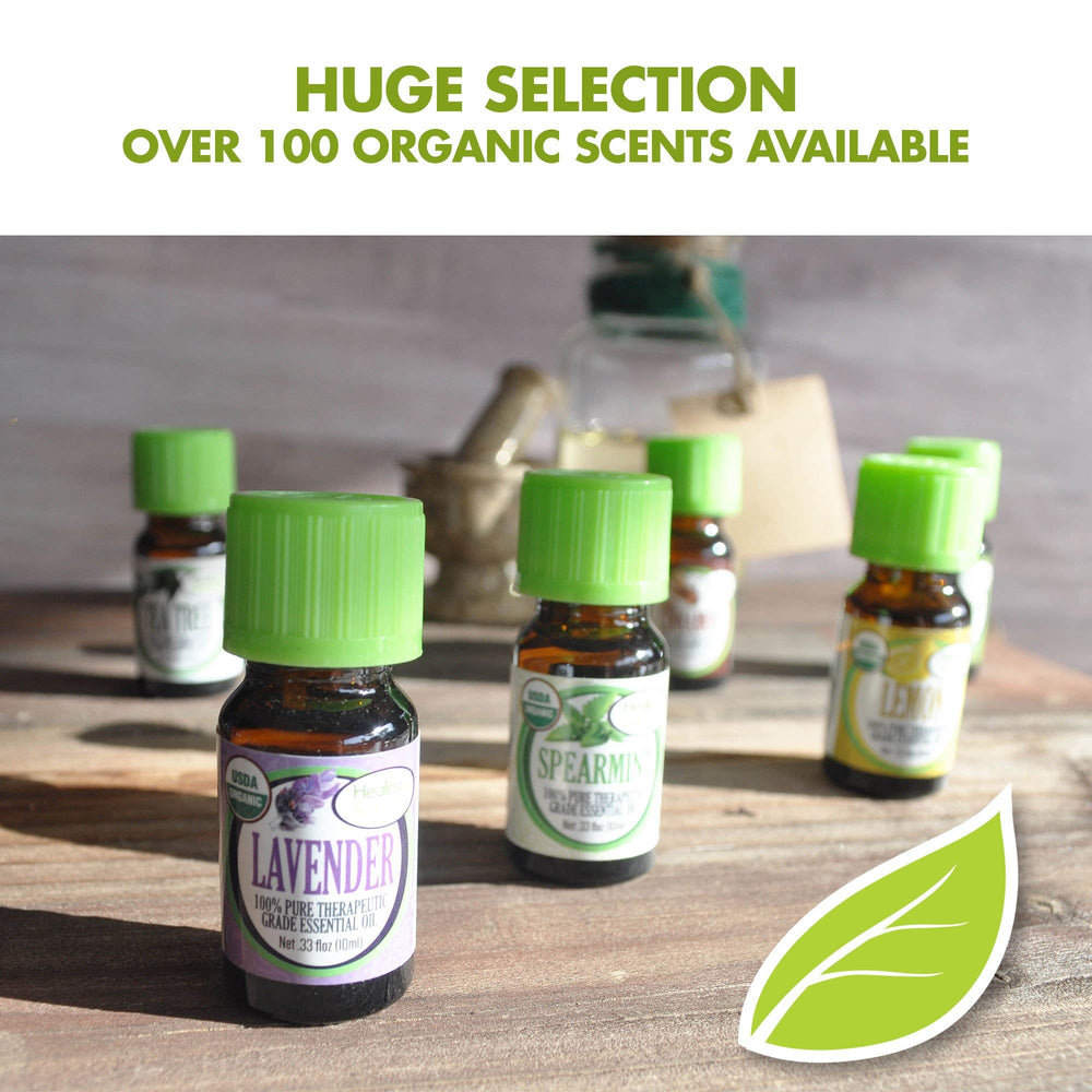 Healing Solutions Thyme Oil label detail emphasizes organic purity and GCMS testing.