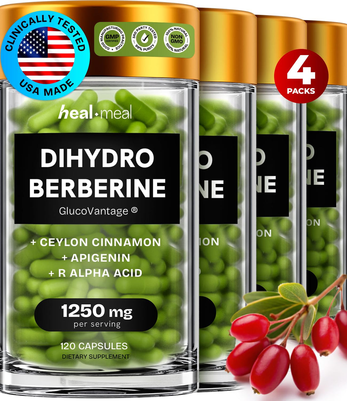 HealMeal Dihydroberberine bottle cap highlights easy-dose packaging
