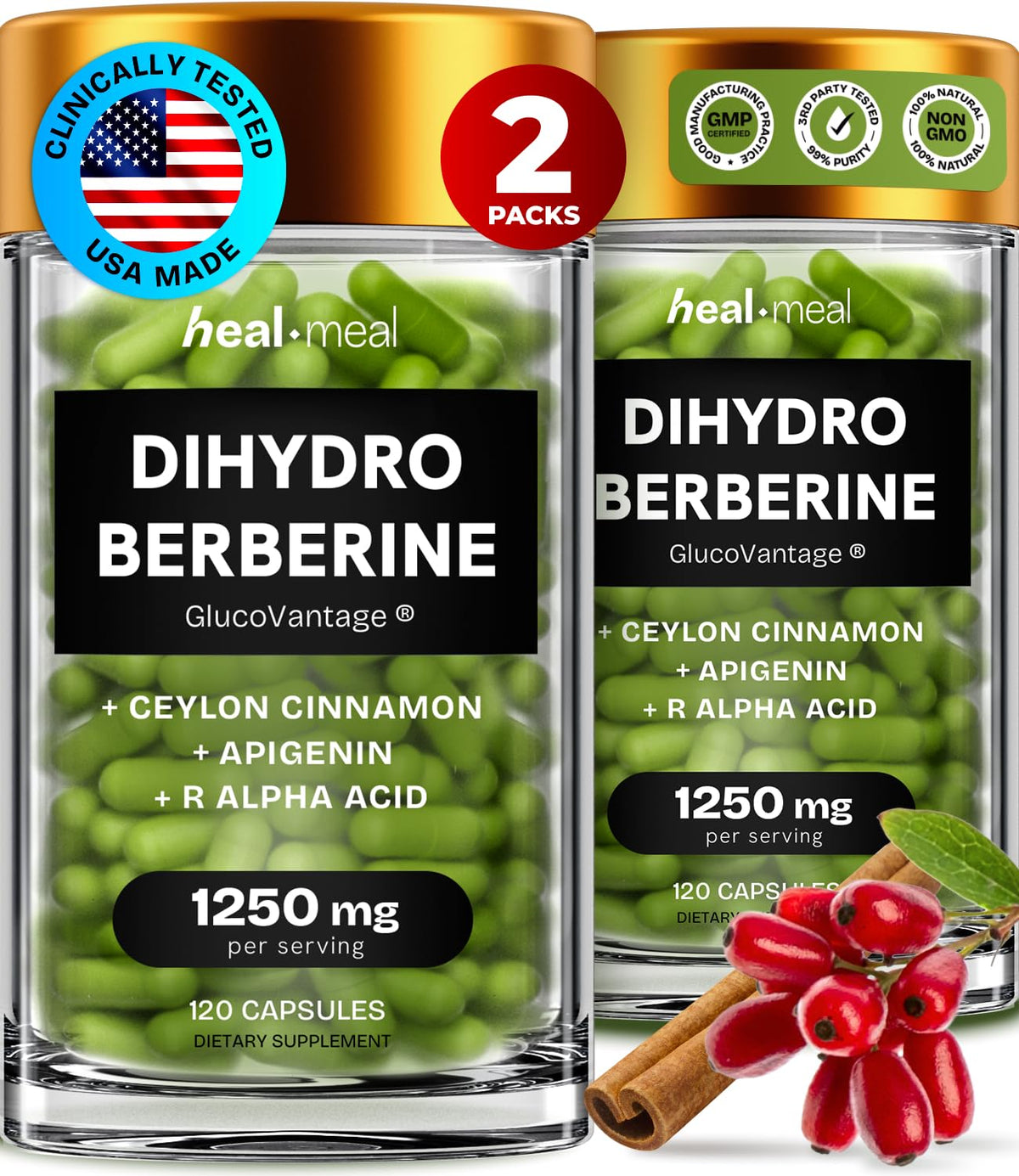 HealMeal dihydroberberine bottle shows high bioavailability for easier daily use.