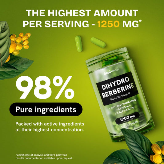 HealMeal dihydroberberine capsules with compact dose for simple daily supplementation.