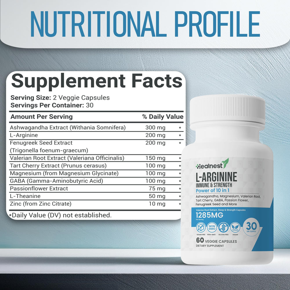 HEALNEST L-Arginine Capsules ingredients graphic showing adaptogens and minerals