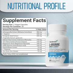HEALNEST L-Arginine Capsules ingredients graphic showing adaptogens and minerals