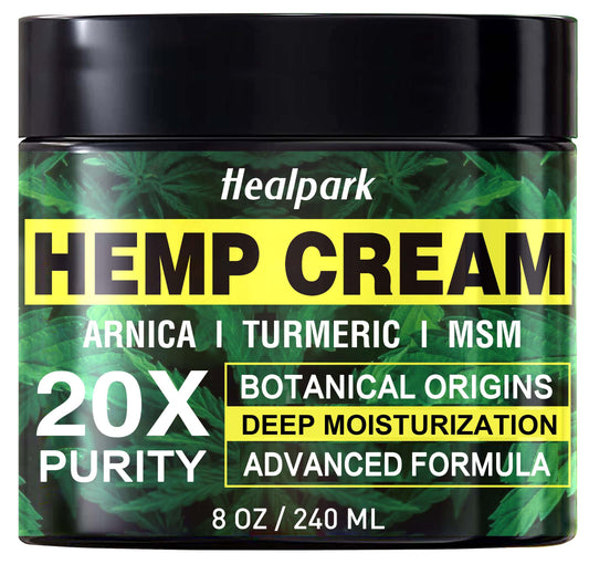 Healpark Hemp Cream jar showing arnica and menthol for daily skin comfort.