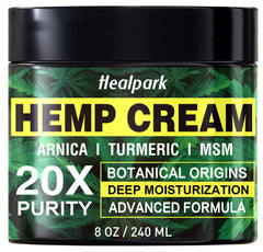 Healpark Hemp Cream jar showing arnica and menthol for daily skin comfort.